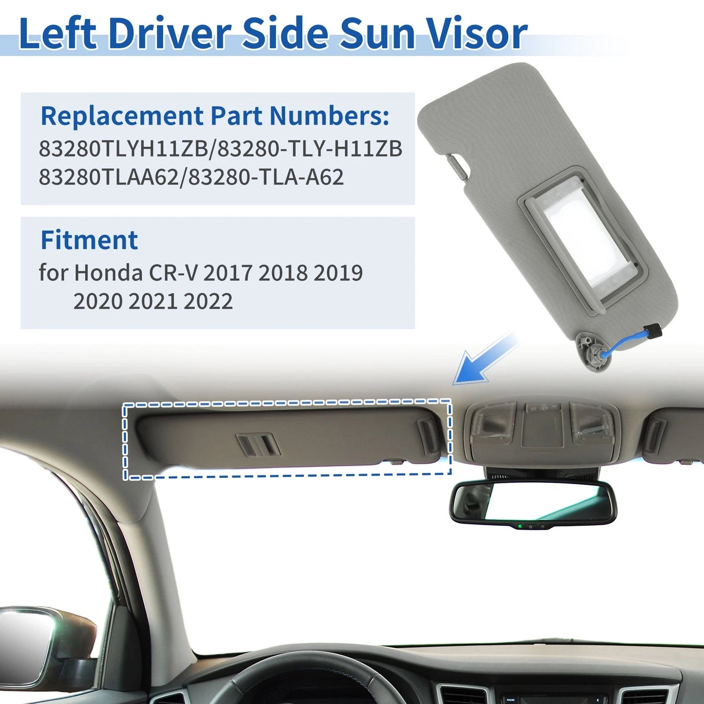 Left Side Sun Visor for Honda CR-V 2017-2022 Gray Replacement