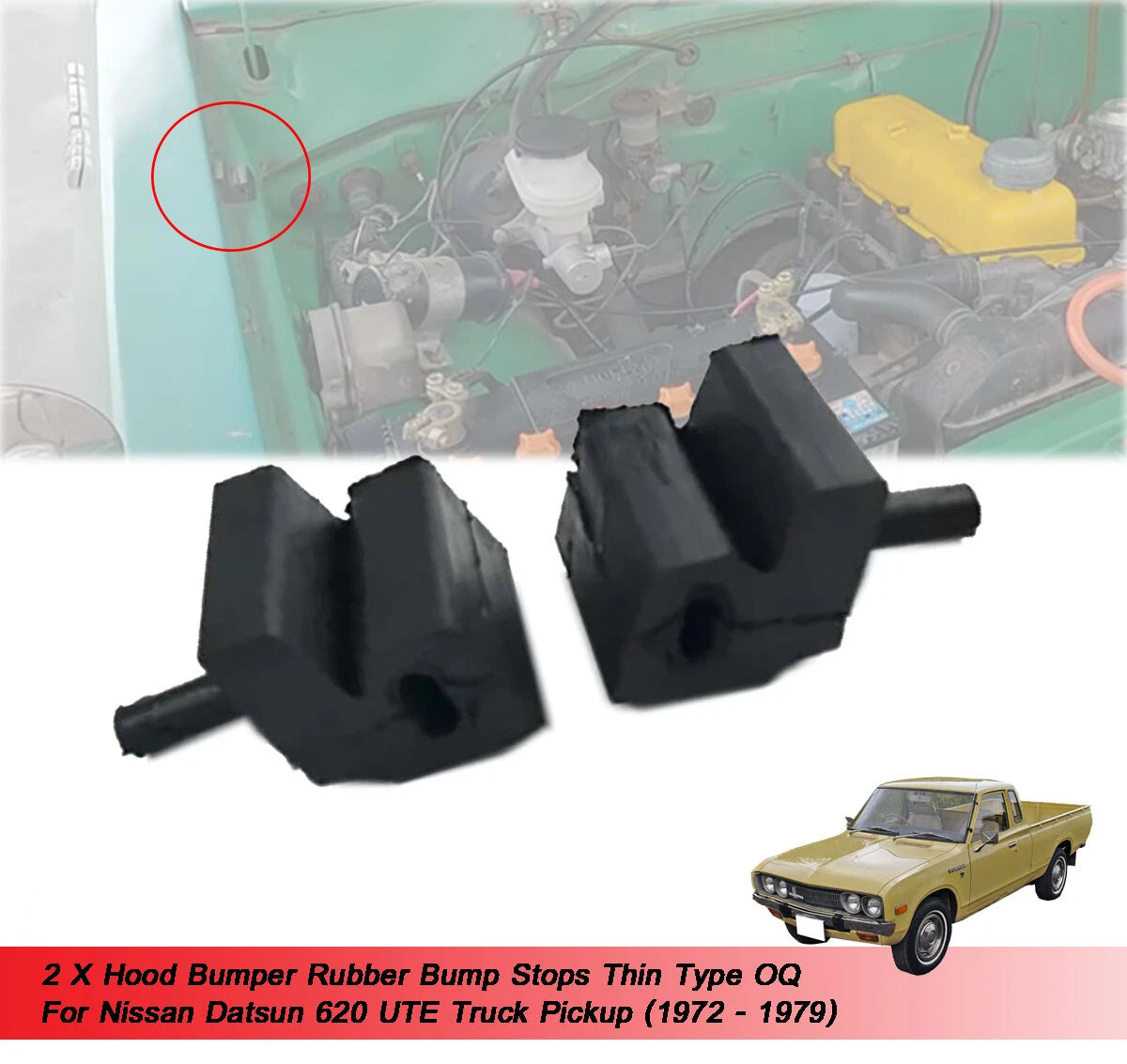 2 x BonnetBumper Rubber Stops for Nissan Datsun 620 (1972-1979)