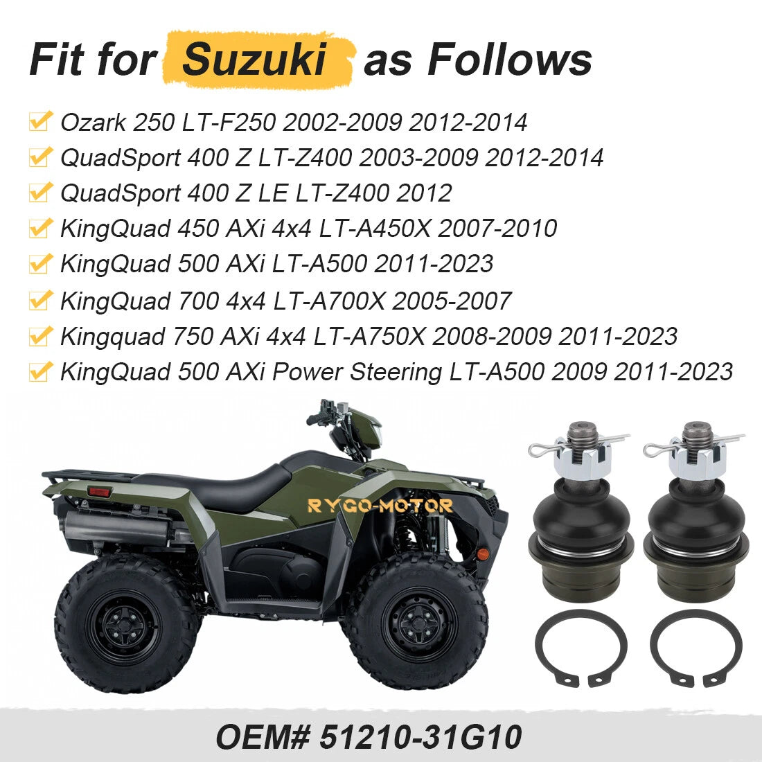 2 x Upper Ball Joints for Suzuki Quadsport 400 LT-Z400 (2003–2009 2012–2014)