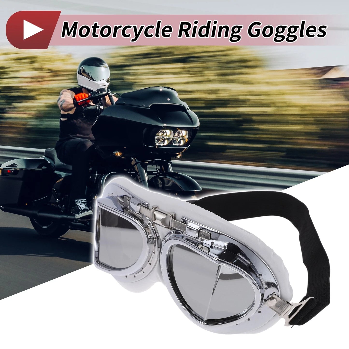 1 Set Motorcycle Riding Goggles Silver Tone Lens White Frame Cycling Sunglasses