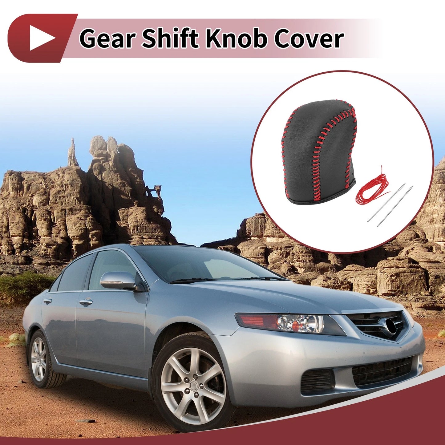 Set Car Gear Shift Knob Cover for Acura TL Black Red Faux Leather (2009 - 2014)
