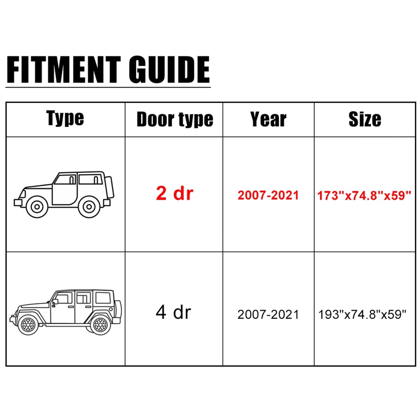 SUV Car Cover for Jeep Wrangler JK JL 2-Door (2007-2021) UV Waterproof Protection