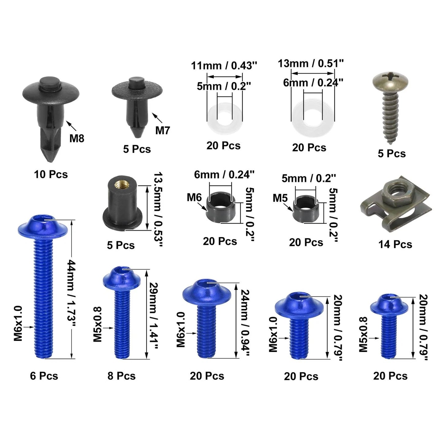 195pcs Motorcycle Fairing Body Bolts Fasteners Blue for Yamaha, Honda, BMW