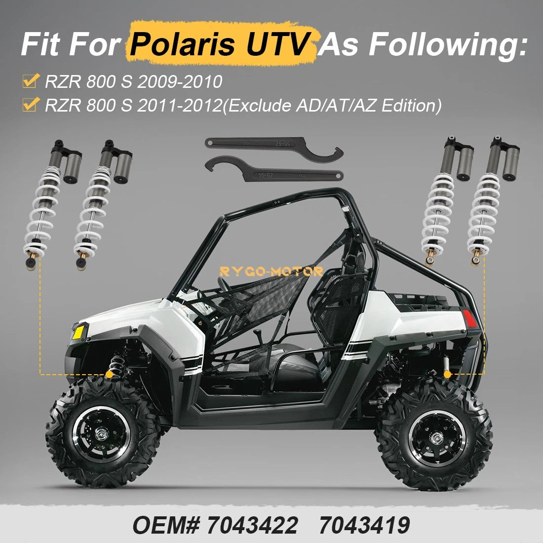 2 x Front Rear Air Shock Absorbers & Tool for Polaris RZR S 800 EFI (2009–2012)