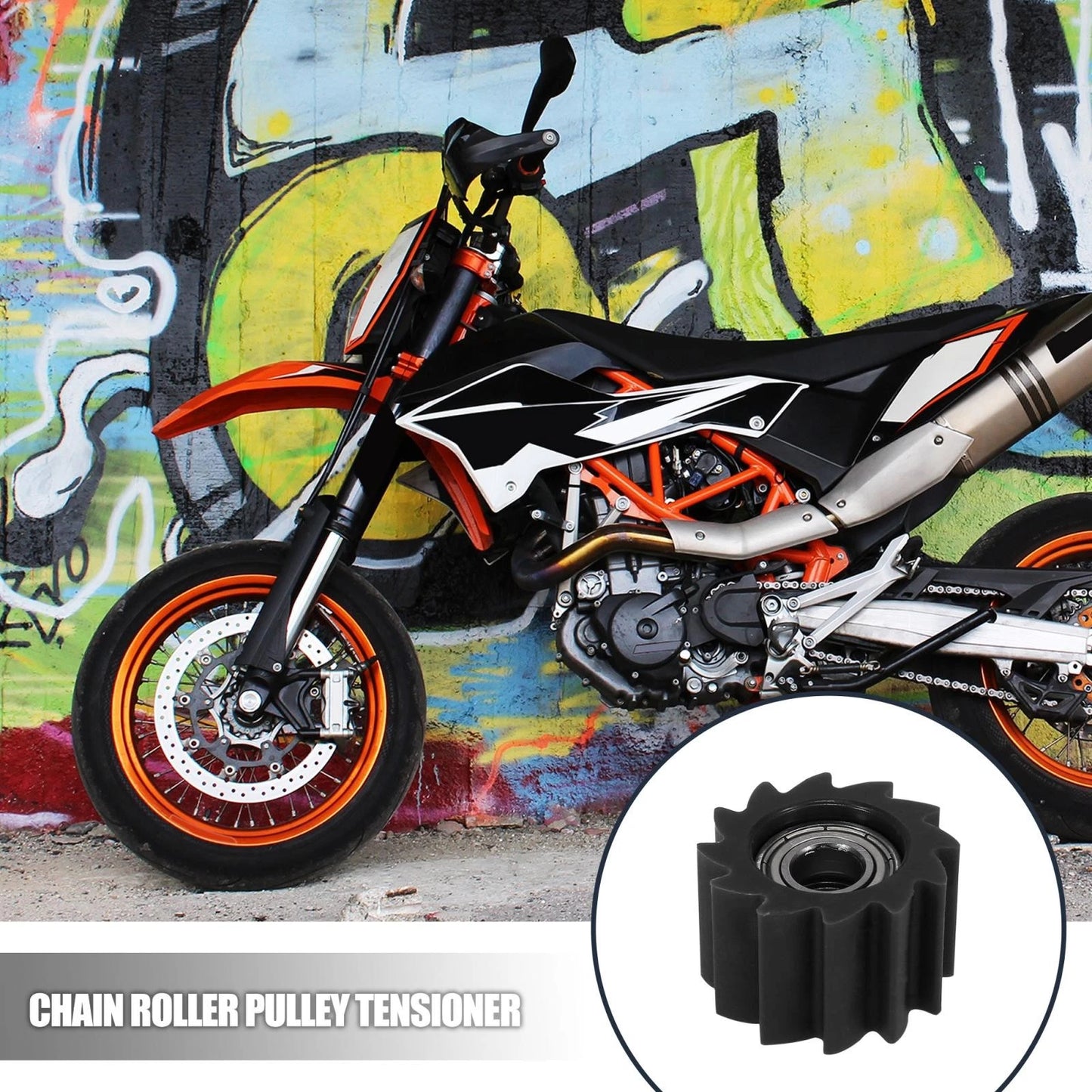 10mm Hole Chain Roller Pulley Tensioner Black Serrated for Motorcycle