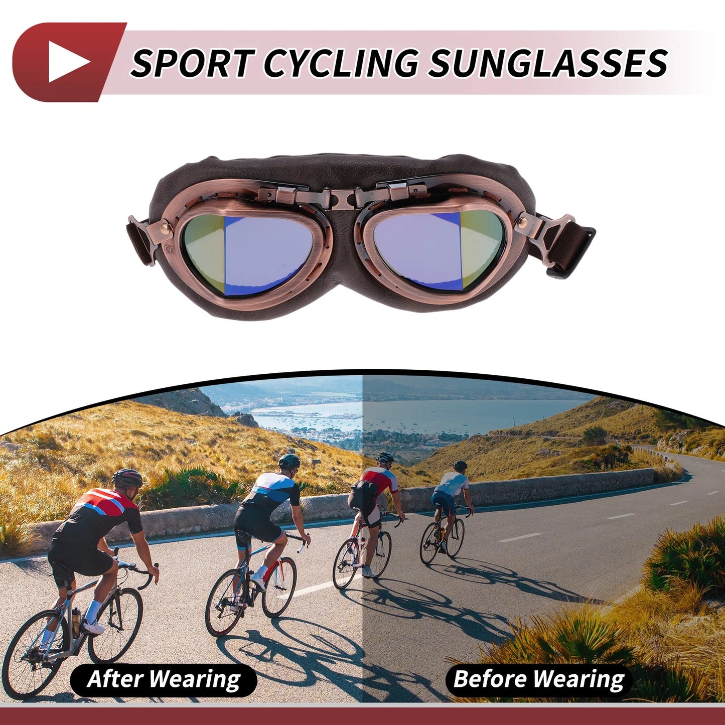 Motorcycle Riding Goggles Multicolour Lens Brown Frame Cycling Sunglasses
