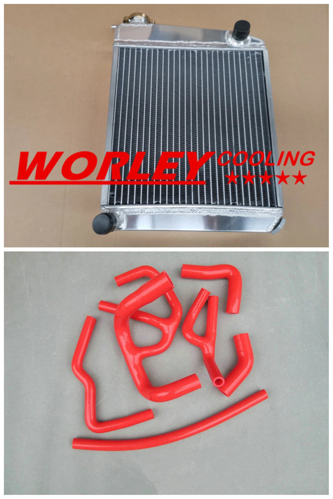 Aluminum Radiator for Austin Rover Mini 1275 GT (1959-1997) 2 x Red Hoses