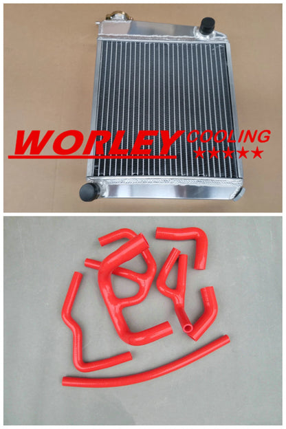 Aluminum Radiator for Austin Rover Mini 1275 GT (1959-1997) 2 x Red Hoses