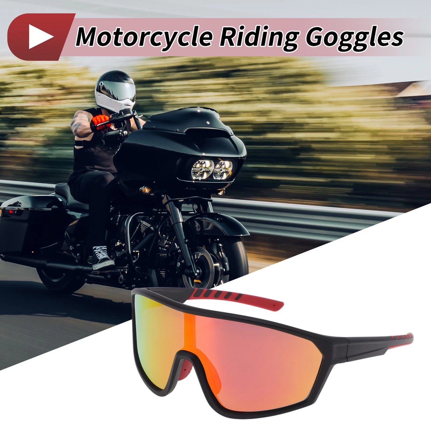Riding Goggles Red Lens Black Frame Tri-Acetyl Cellulos PC UV400