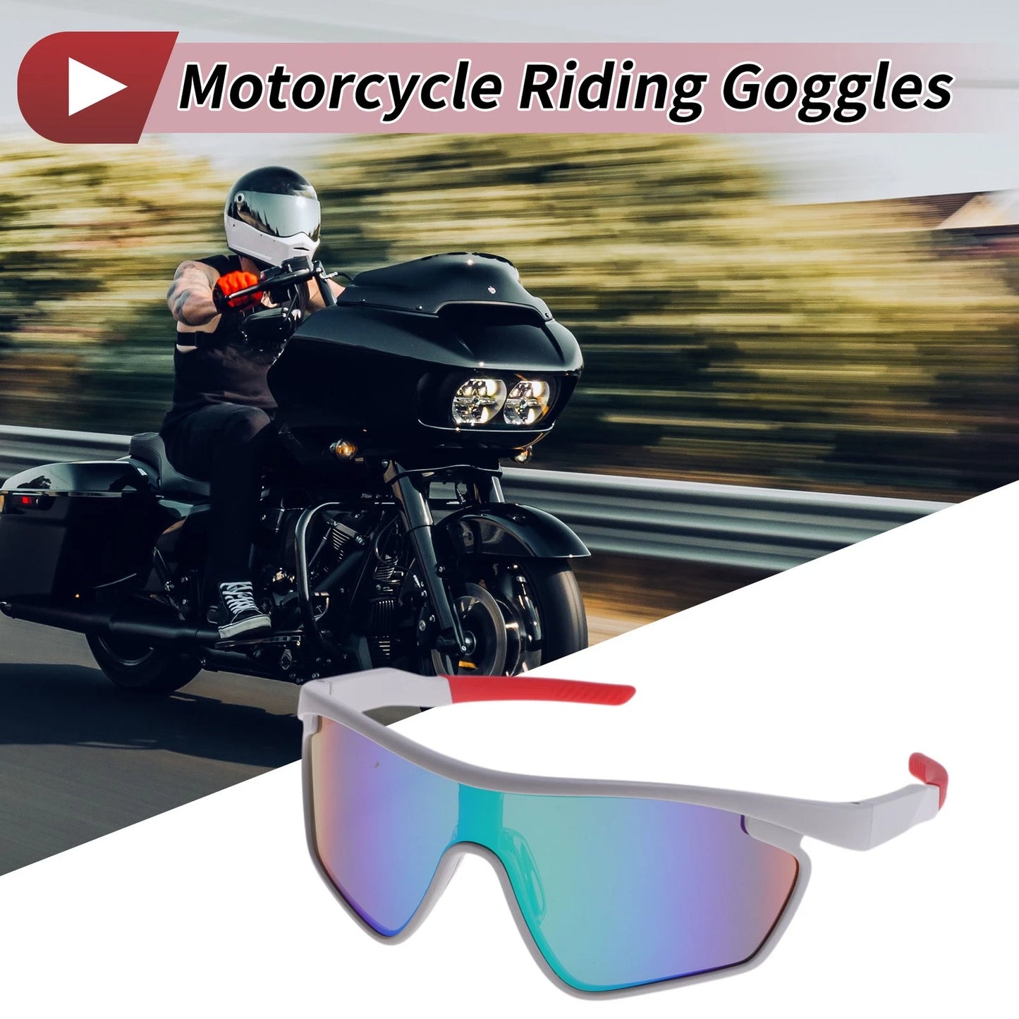 Goggles Motorcycle Riding Green Lens White Frame PC Cycling Sunglasses