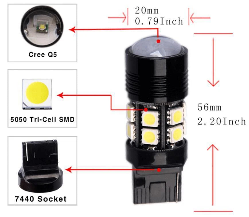 Pair W21/7W T20 580 Dual Filament Smd Drl Sidelight 7443 Hid Effect Bulb Light