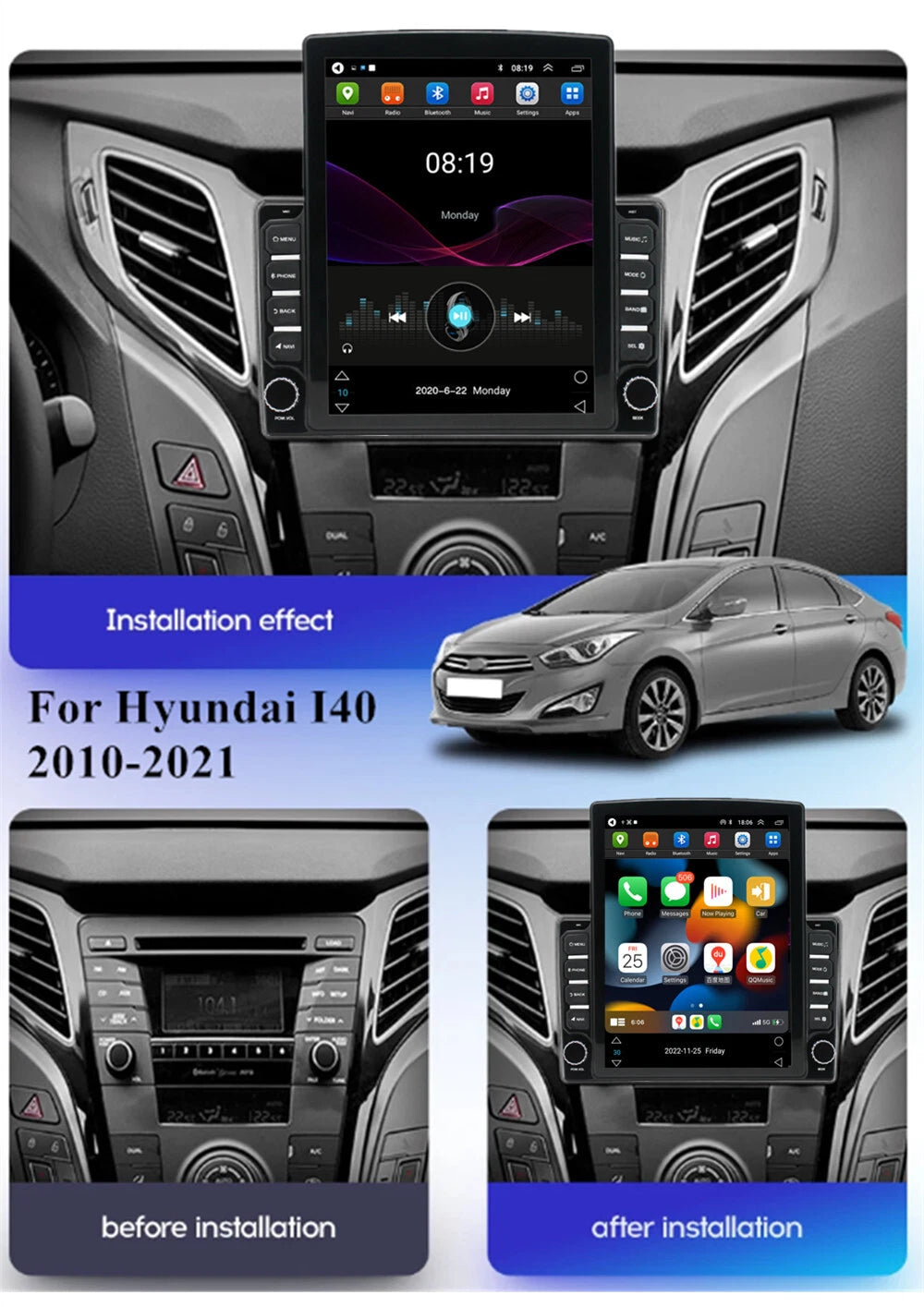 9.7" Vertical Car Stereo Radio GPS for Hyundai I40 (2010-2021) Wireless Carplay
