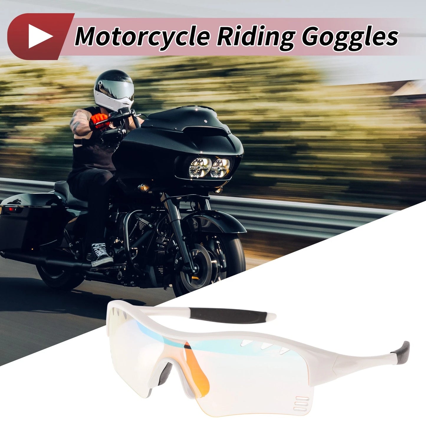 Goggles for Motorcycle Riding Light Red Lens White Frame PC TPU Sunglasses
