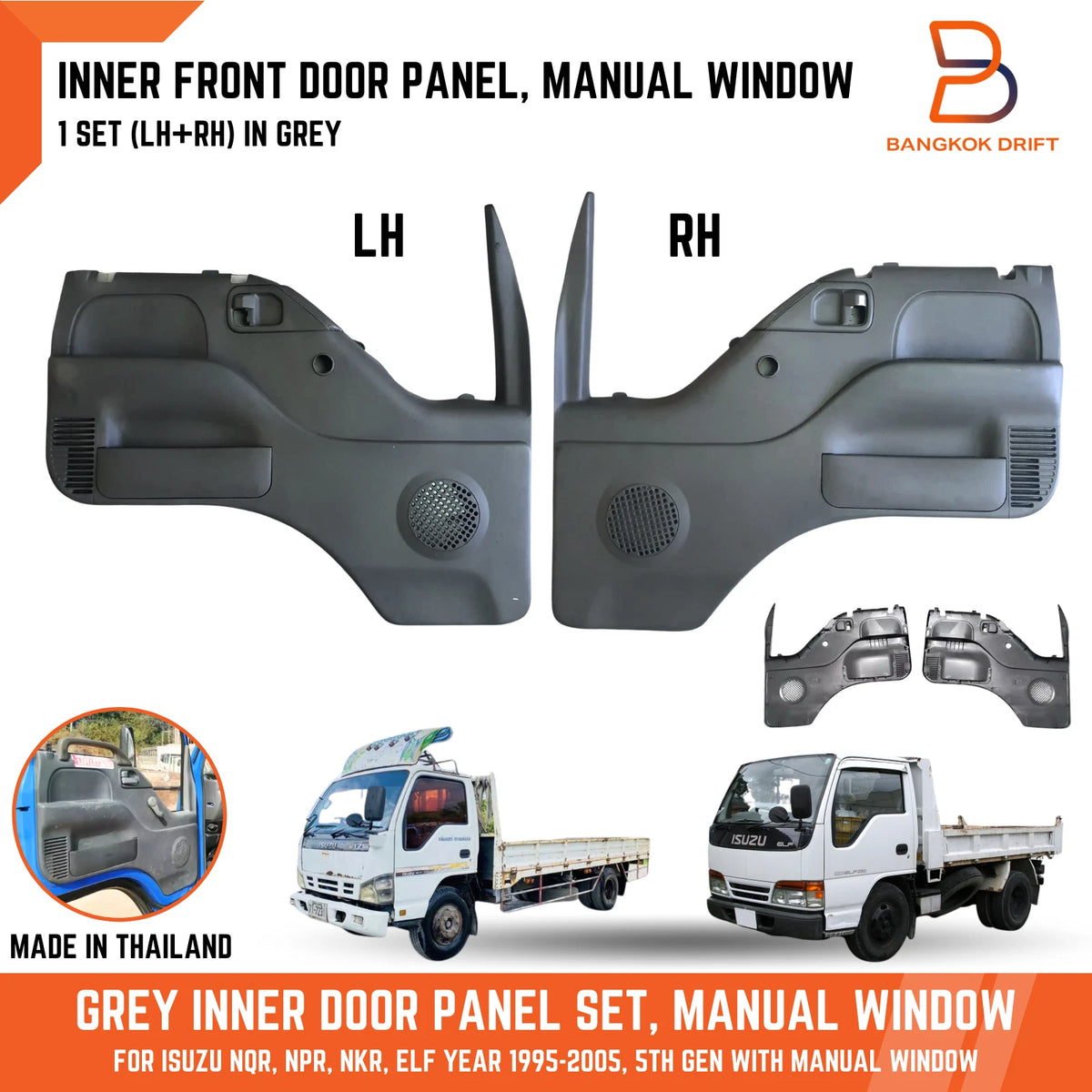 Grey Inner Front Door Panel Manual Window for Isuzu NPR NKR NQR ELF (95-05)