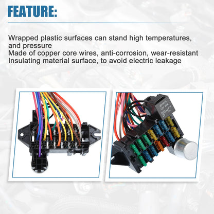 Universal 14 Circuit Wiring Harness Kit with Fuses for GM & Ford