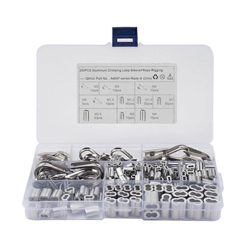 250 Pcs Crimping Loop Sleeve Assortment Kit for Wire Rope Cable Thimbles