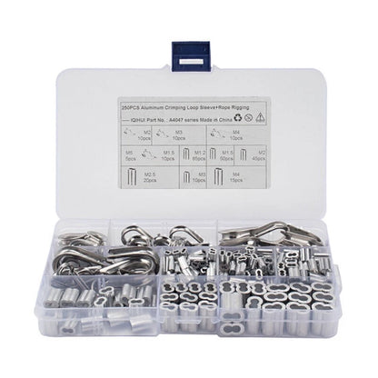 250 Pcs Crimping Loop Sleeve Assortment Kit for Wire Rope Cable Thimbles