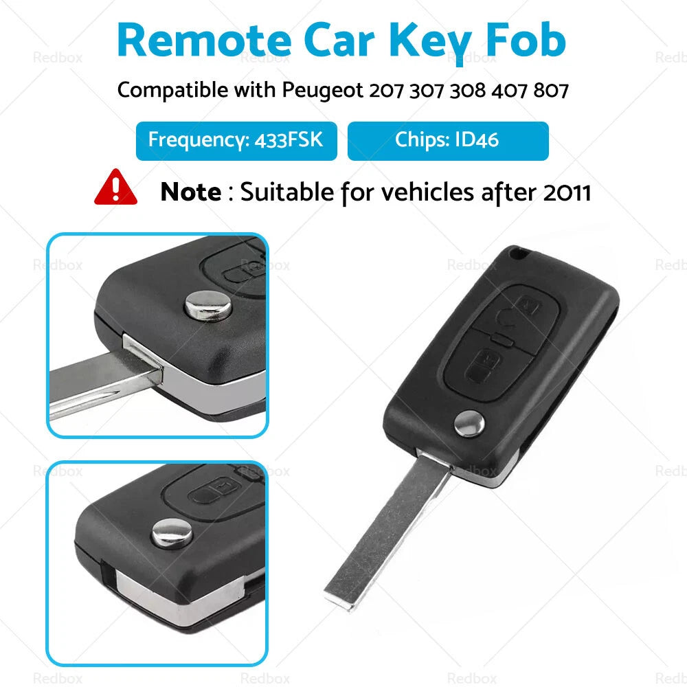 Remote Car Key Fob 2-Buttons 433FSK for Peugeot 207 307 308 407 807