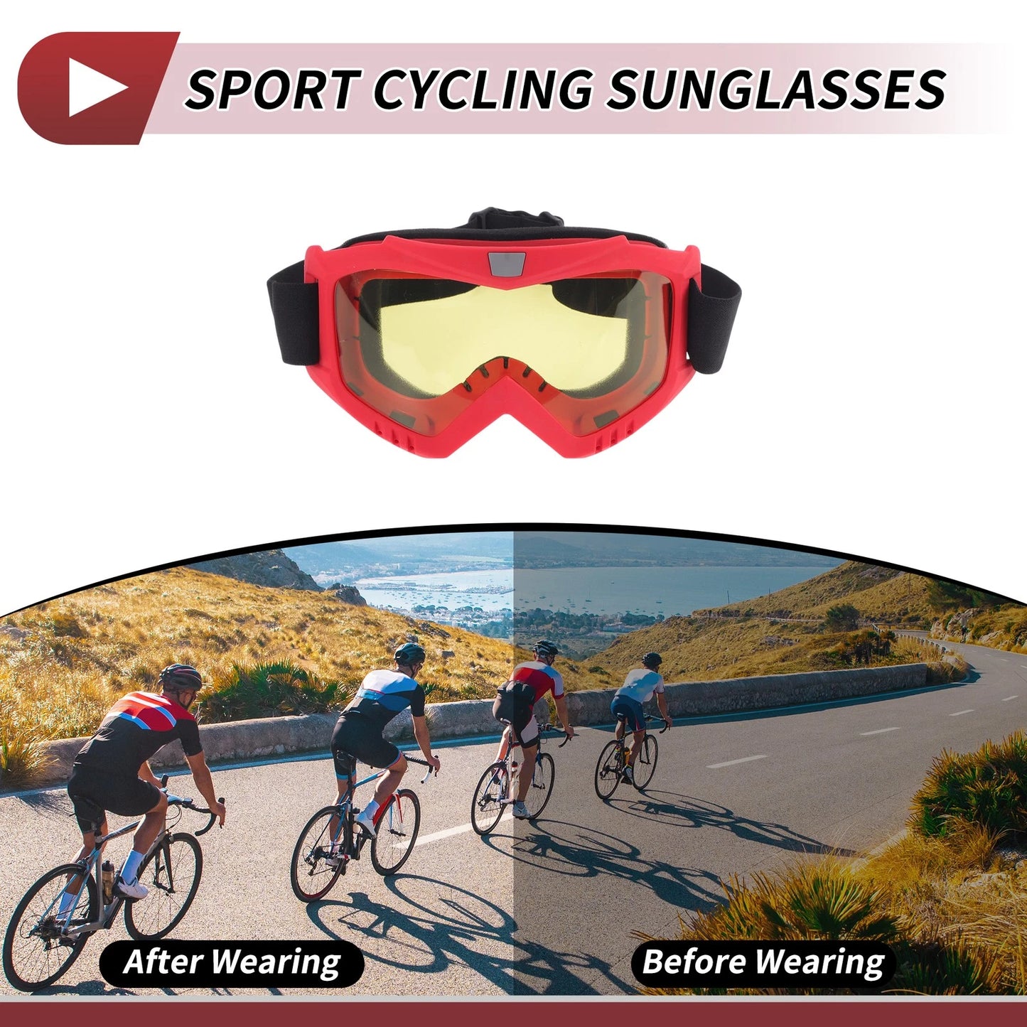 1 Pc Motorcycle Riding Goggles Yellow Lens Red Frame PC Cycling Sunglasses