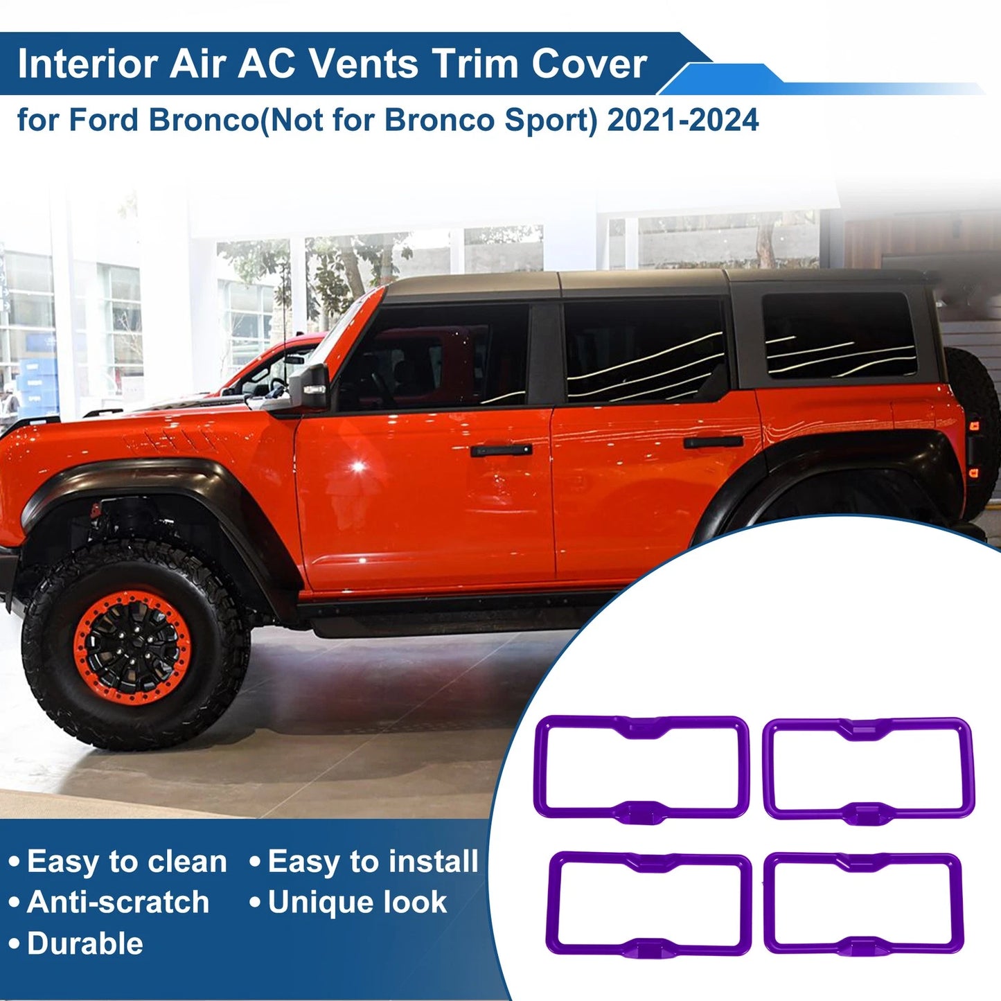 Purple Air Condition Outlet Vent Trim Cover Frame 4 x for Ford Bronco (2021-2024)