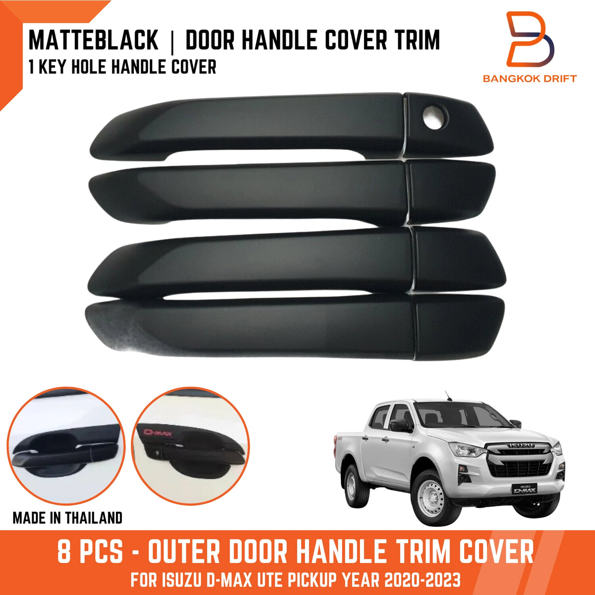 Matte Black Door Handle Cover Trim for Isuzu D-Max Ute SX (2020-2023)