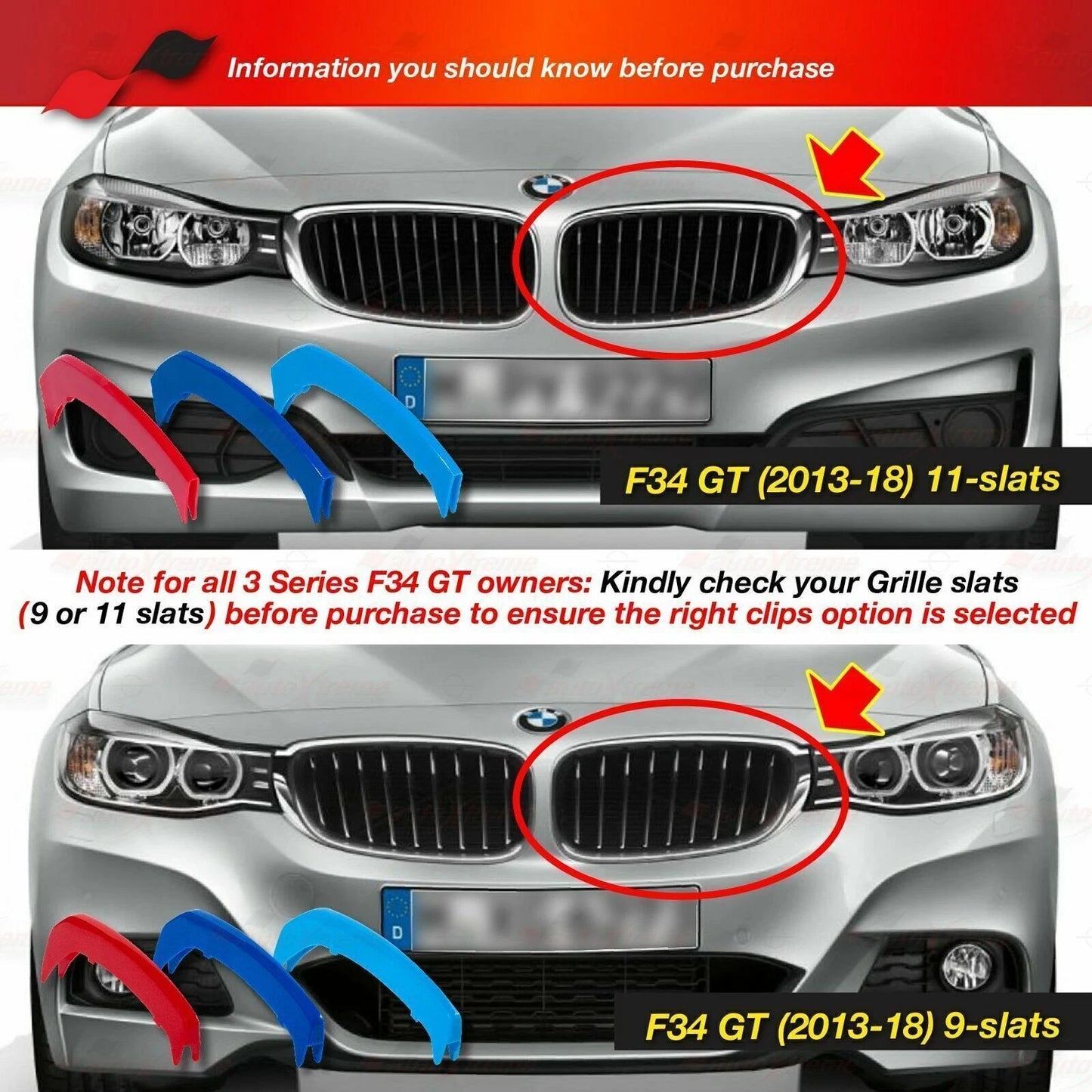 M-Power 9 Bars Kidney Grille Cover Insert Clips for BMW GT F34 (2013-2018)
