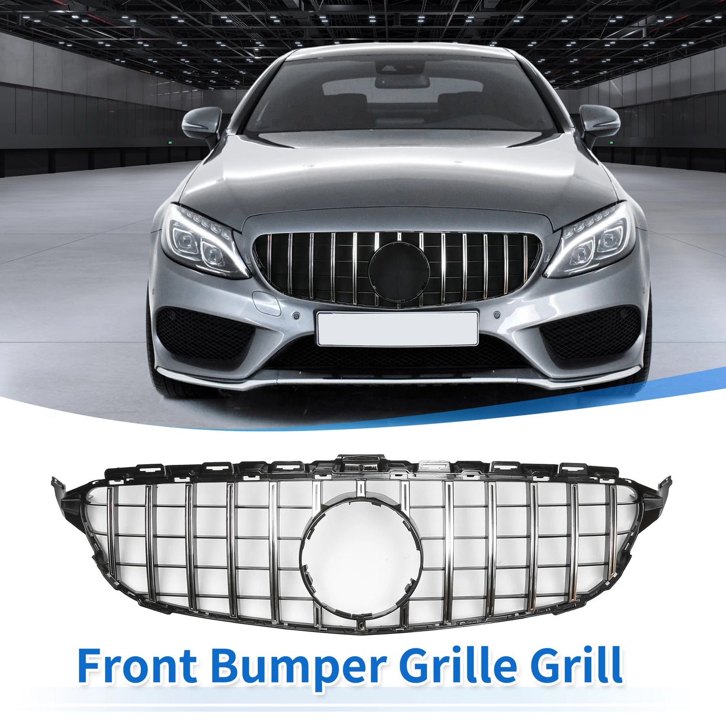 Front Upper Bumper Grille for Mercedes-Benz C300 (2015-2020) Black Chrome
