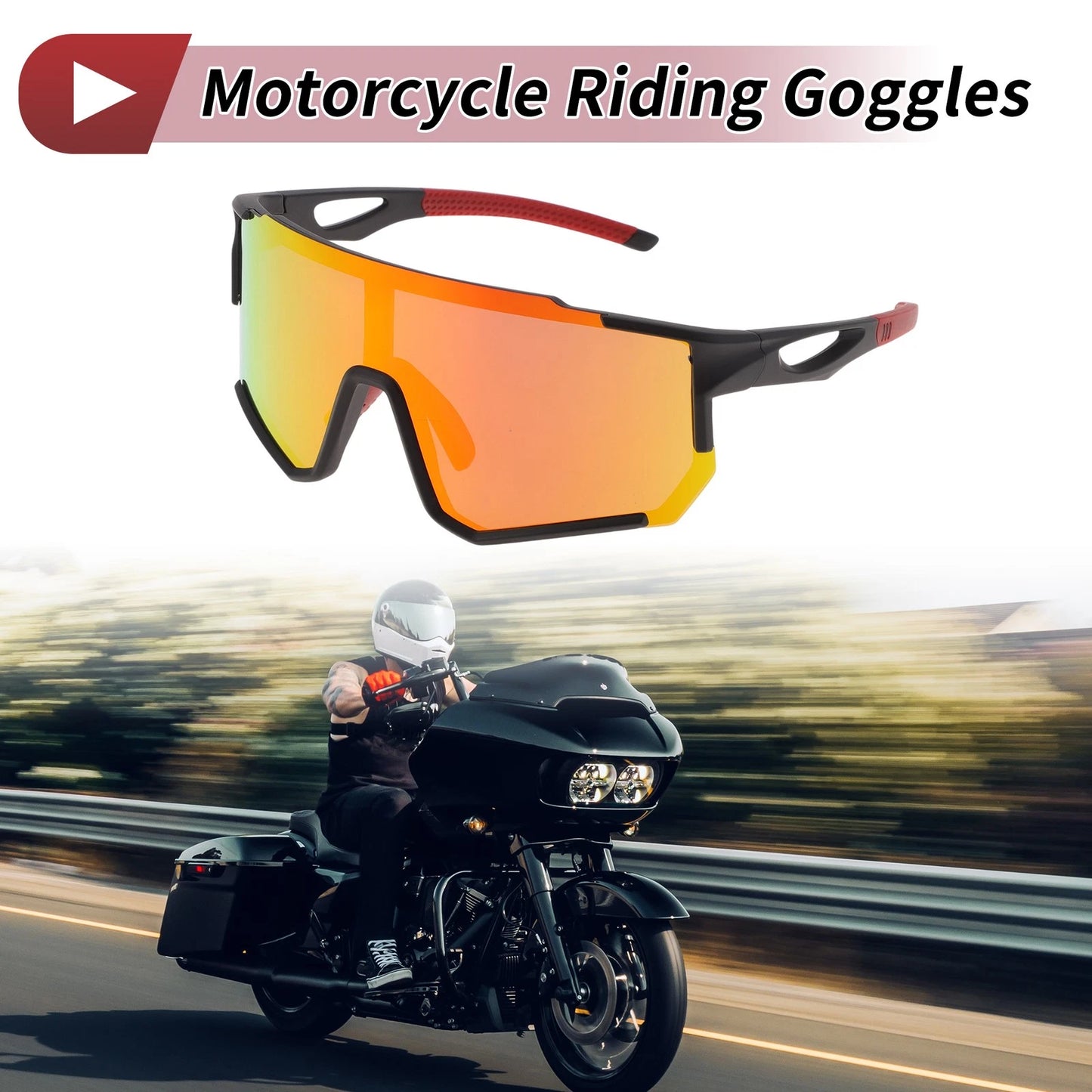 Motorcycle Riding Goggles Red Lens Black Frame Cycling Sunglasses UV400