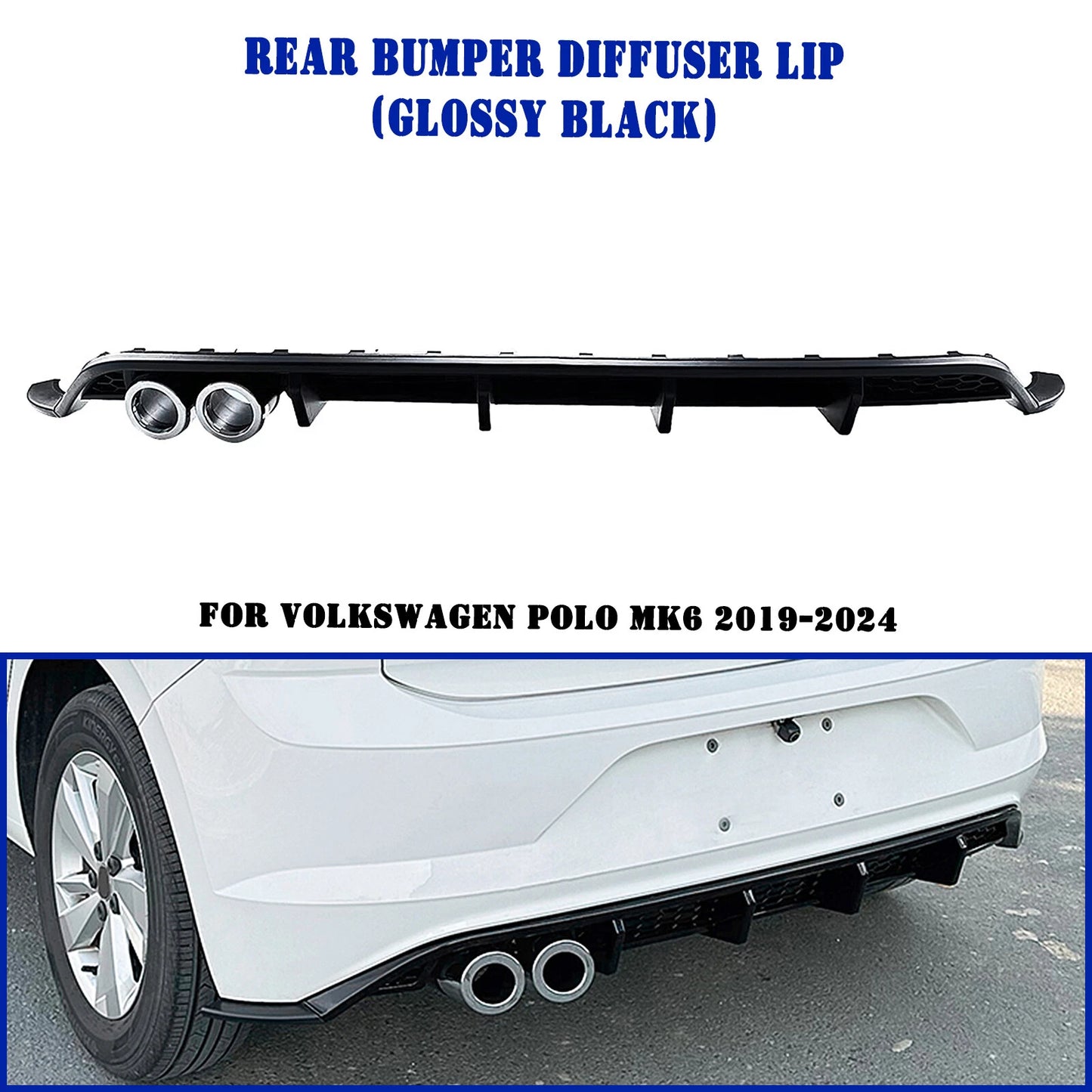 Gloss Black Rear Bumper Diffuser with Tips for VW Polo MK6 (2019-2024)