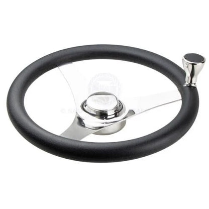 Boat Steering Wheel 340mm Diameter, Stainless Spokes, Poly Grip & Knob