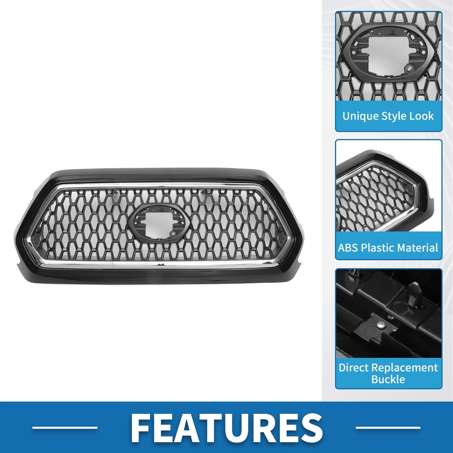 Front Hood Bumper Grille for Toyota Tacoma (2019-2020) Chrome Silver Tone