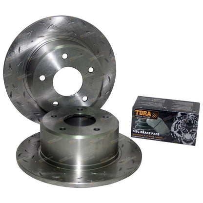 2 x Rear Disc Pads + Rotors Slotted+Drilled for Commodore VR–VS IRS(1993–1997)