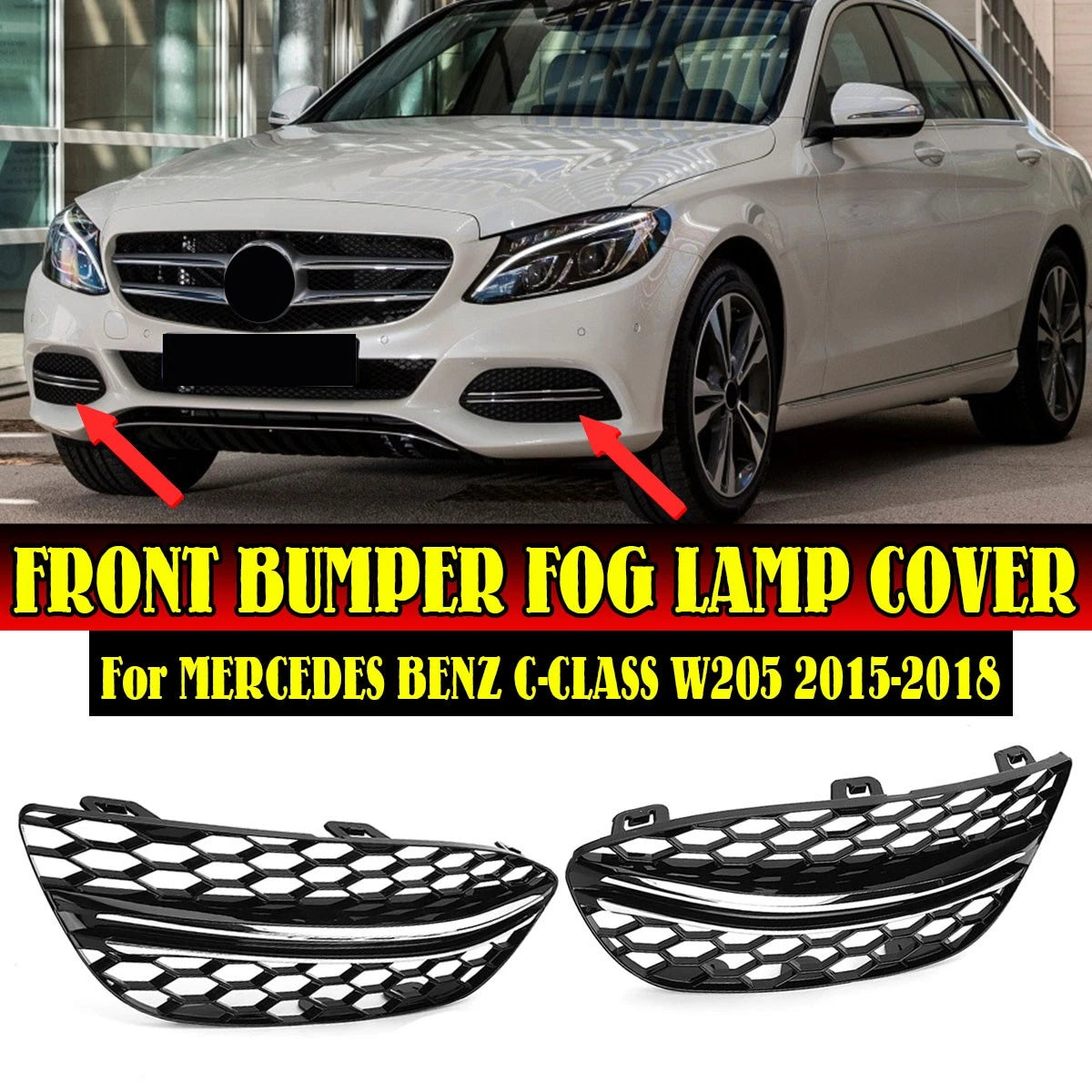 BLk w/Silver Fog Light Cover Grille for Benz C Class W205 C300 (2015–2018)