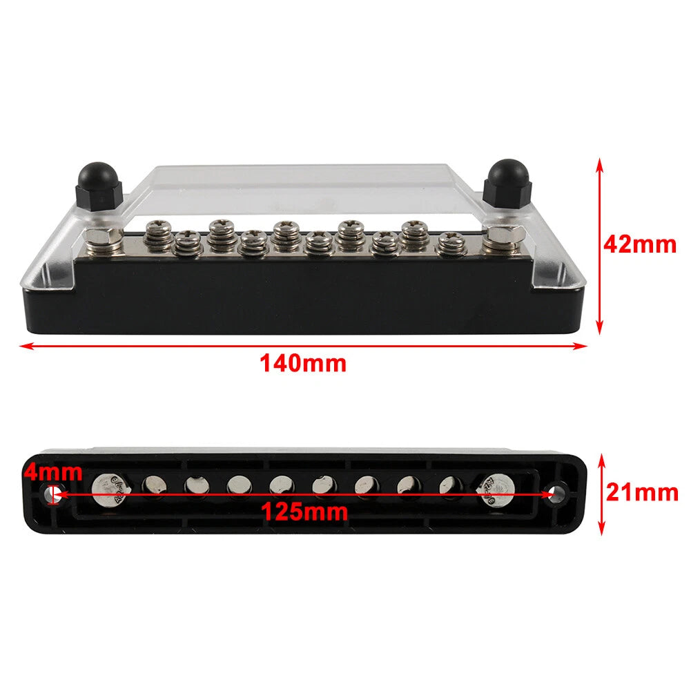 10 Terminal Power Distribution Block with Cover for Car Marine RV Boat Black
