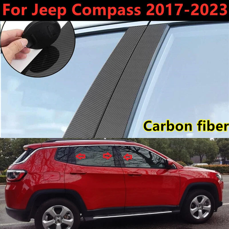 6 x Carbon Fiber Window Pillar Trim Cover for Jeep Compass (2017–2023)
