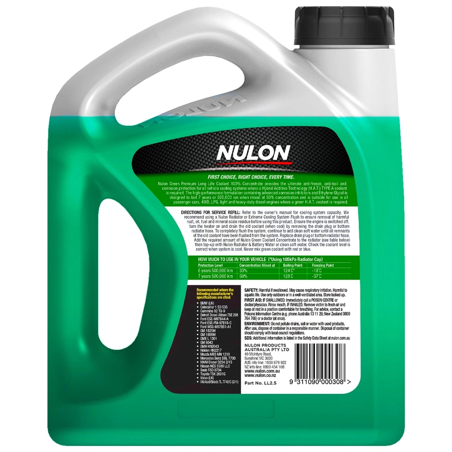 2.5L Green Premium Long Life Coolant 100% Concentrate AF/AB LL