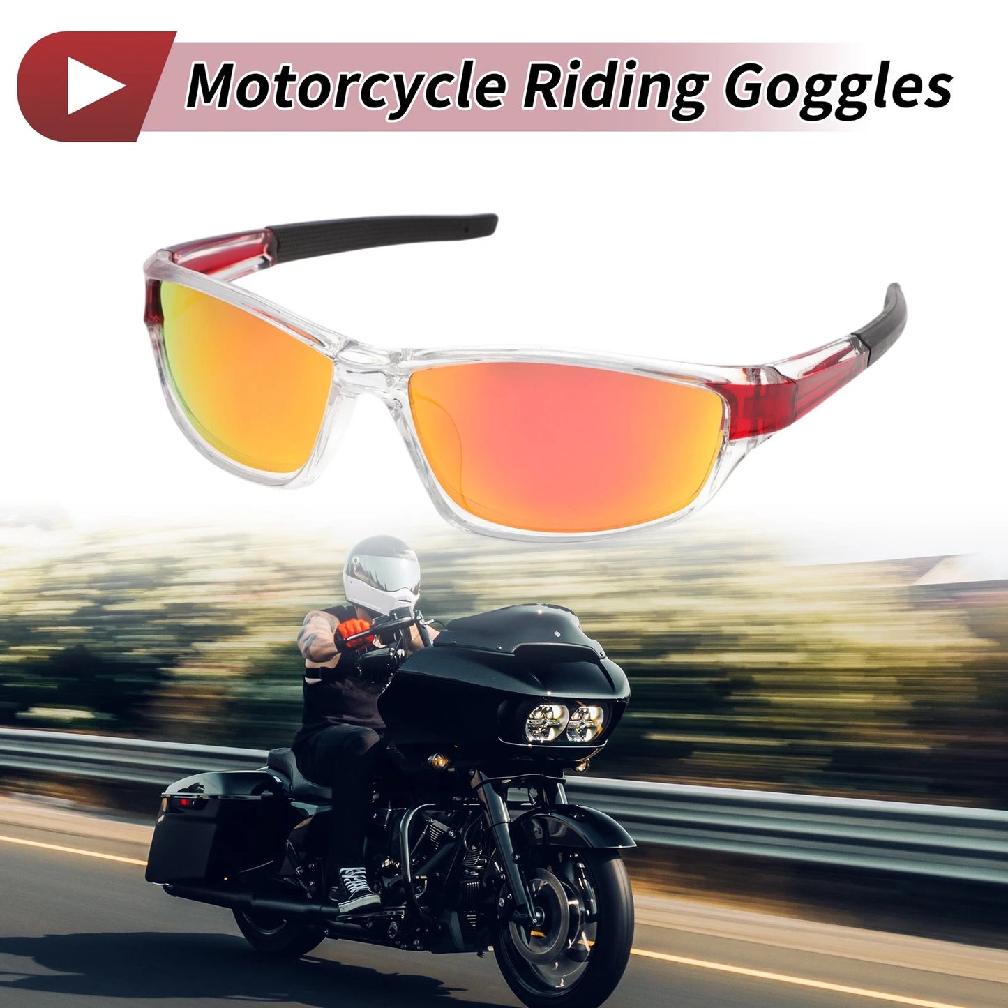 Motorcycle Riding Goggles Red Lens Transparent Frame Tri-acetel for Make Model