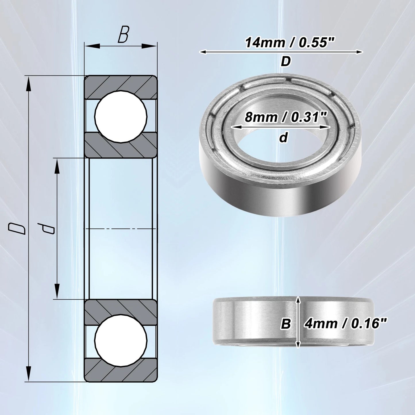 10 x 8x14x4mm Double Metal Shield Deep Groove Ball Bearings for Car
