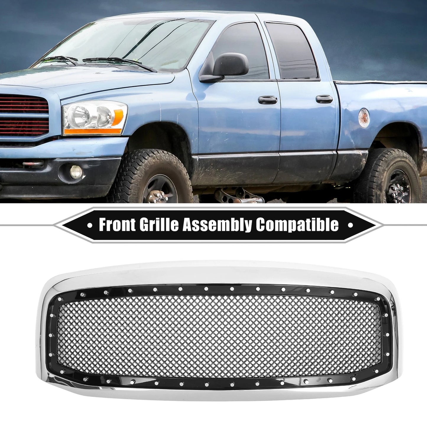 Front Grille Assembly for Dodge - Chrome Silver Tone Gloss Black