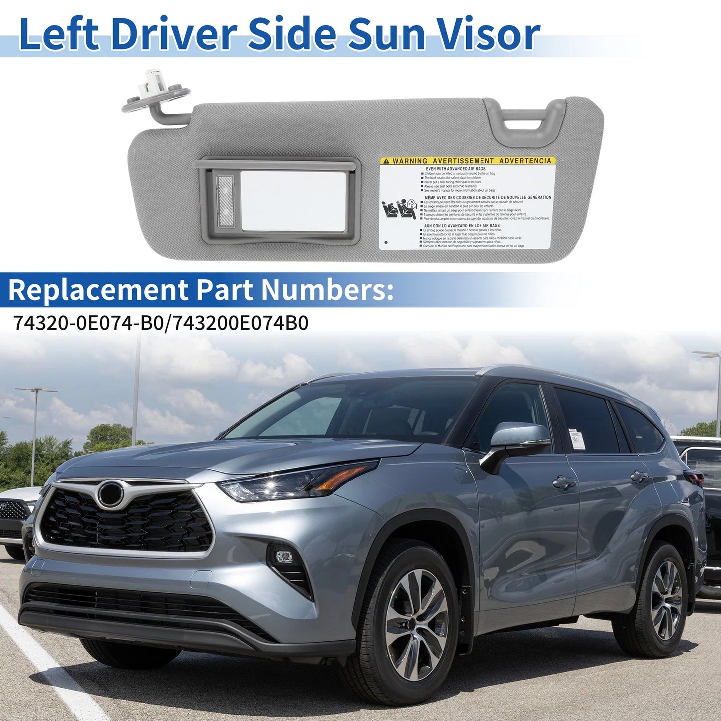 Left Side Sun Visor for Toyota Highlander 2014-2016, 2019 Gray