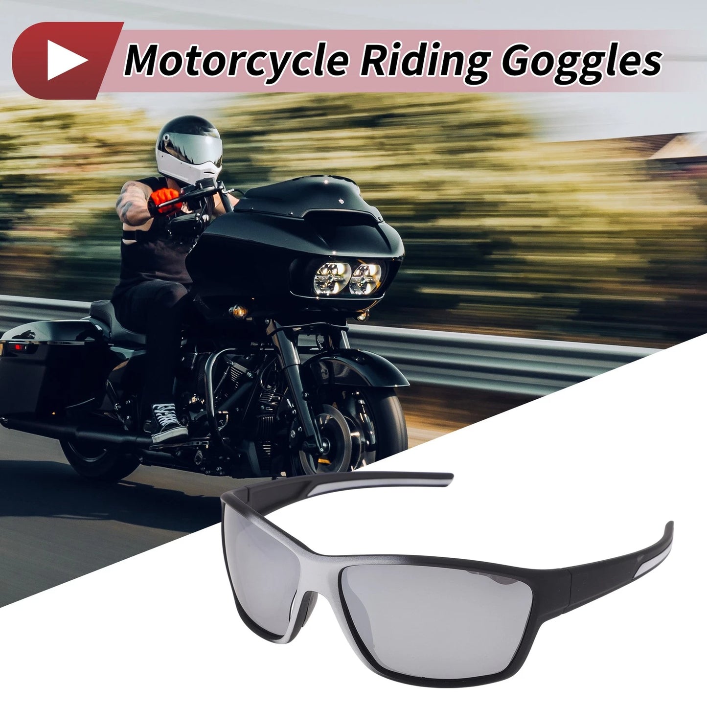 Set Motorcycle Riding Goggles Silver Tone Gray Lens Black White Frame PC UV400