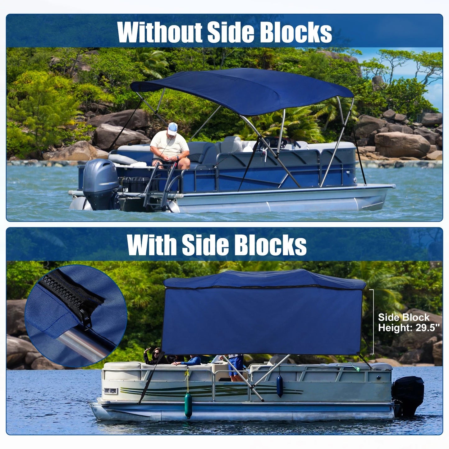 Set 600D 4Bow Bimini Top 8'Lx97–103"W Canvas Detachable Side Blocks for Make