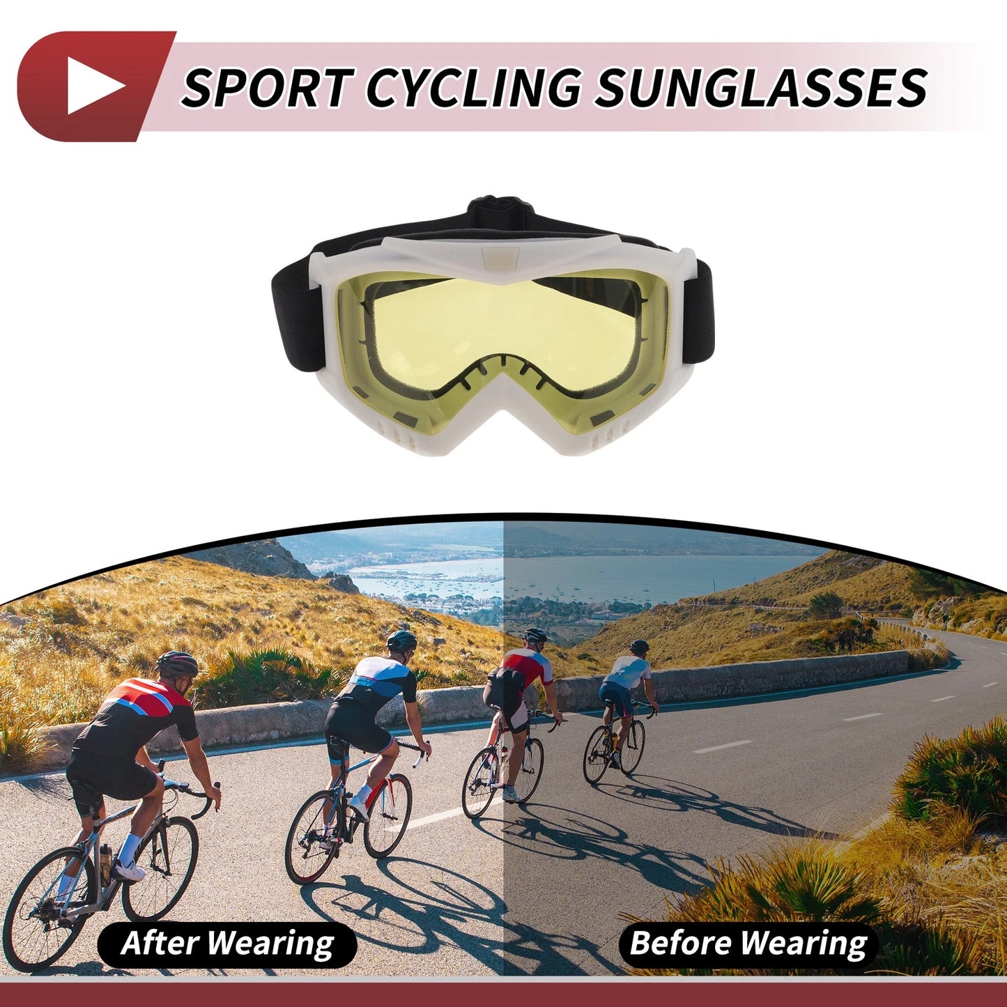 1 Pc Motorcycle Riding Goggles Yellow Lens White Frame PC Cycling Sunglasses