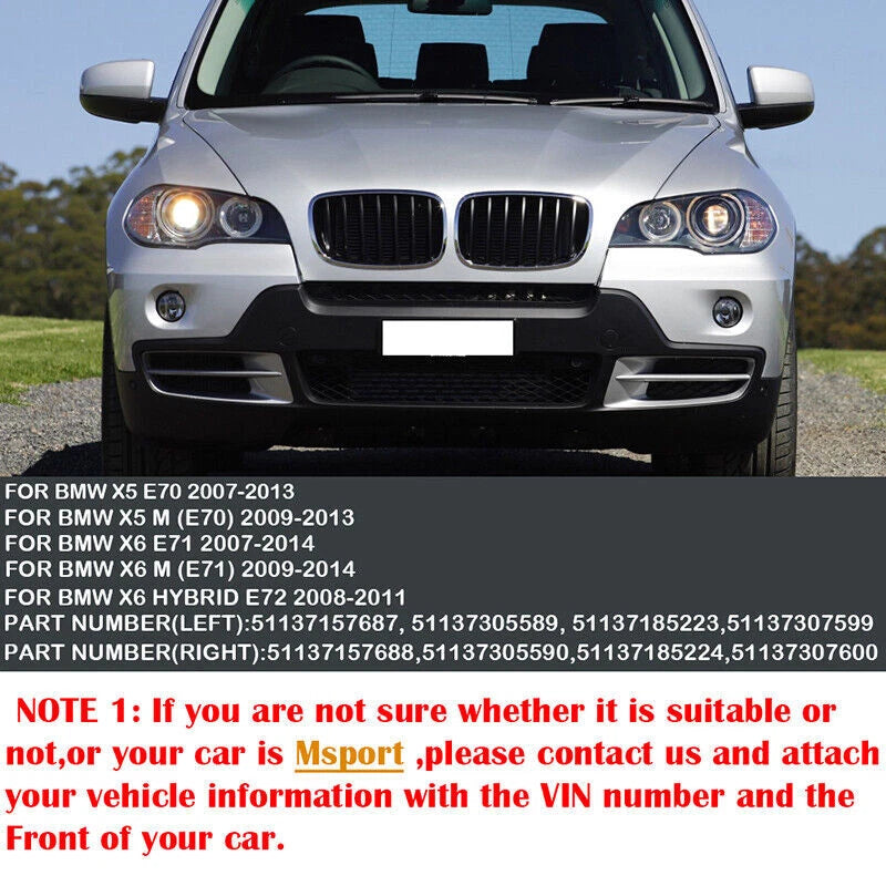 2 x Gloss Black Front Bumper Kidney Grille Covers for BMW E70 X5 E71 X6 (2007-2013)