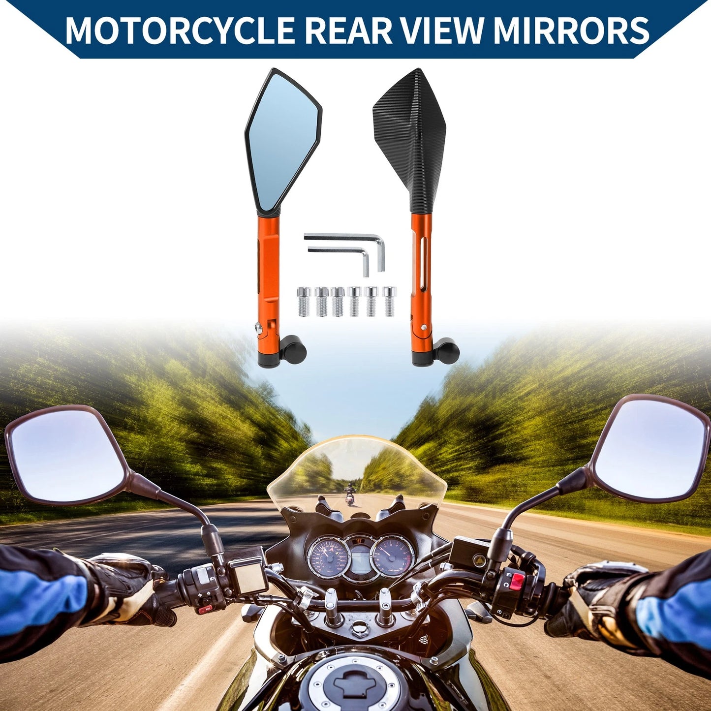 M8/M10 Motorcycle Rear View Mirrors Prismatic Shape Black Orange Aluminum Alloy