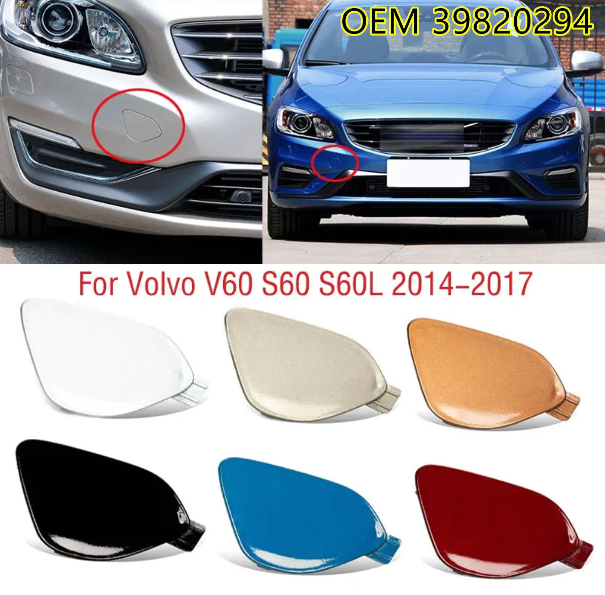 Front Bumper Tow Hook Eye Cover Cap for Volvo S60 V60 (2014–2018)