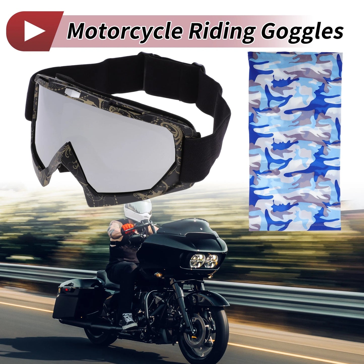 Motorcycle Goggles Silver Tone Lens Black Gold Frame PC TPU for Motorcycle