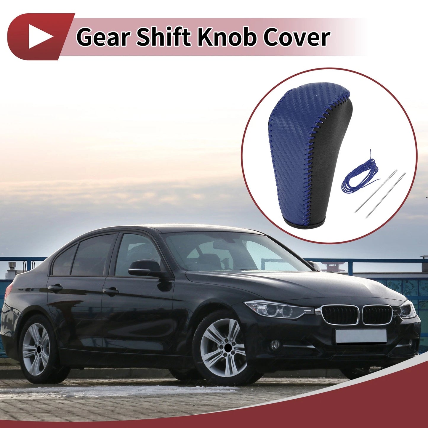 Car Gear Shift Knob Cover for BMW 3 Series E90 (2007-2013) - Black Blue Faux Leather