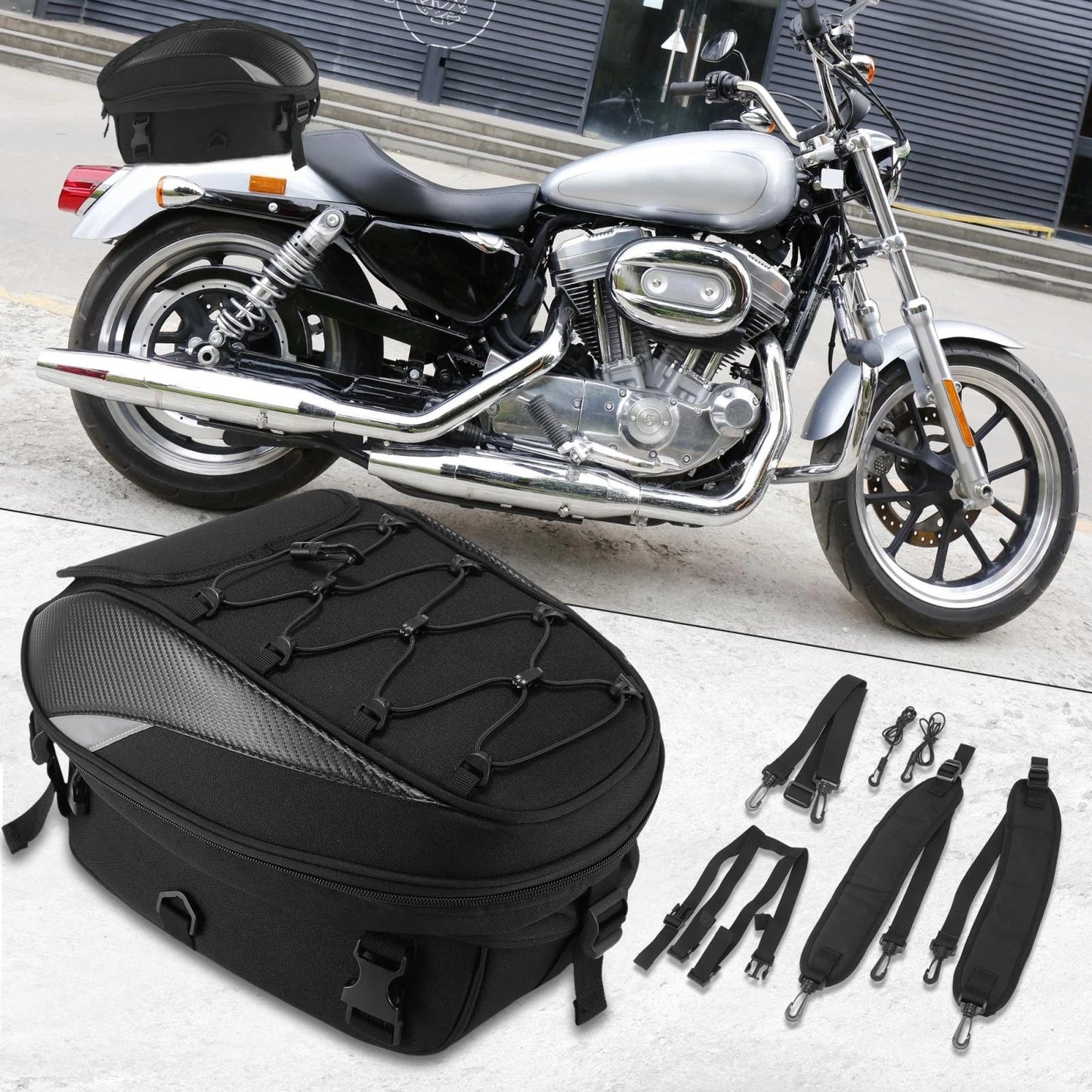 Motorcycle Seat Tail Bag Motorbike Travel Rear Luggage 1680D Black Backpack