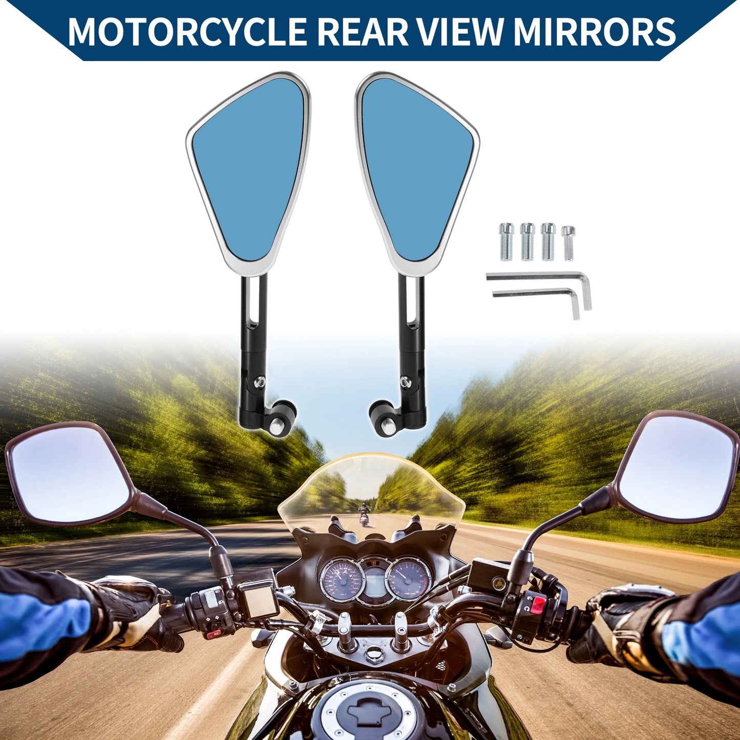 M8/M10 Rear View Mirrors for Motorcycle Handlebar, Black Silver Tone